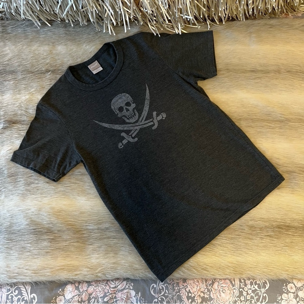 Vintage JOLLY RODGER Short Sleeve Crew Neck PIRATE Skull Swords Gray S Loose Fit